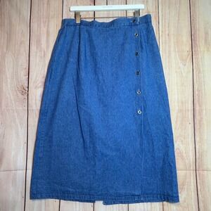 Ashley Petites Denim Midi Skirt Womens 14P Blue Side Button A-Line Cottagecore